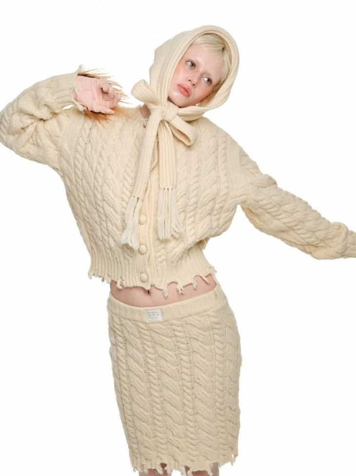 1JINN STUDIO Ripped Button Cardigan Casual Regular Fit Wool Blend Women Knit Top & Skirt Sets