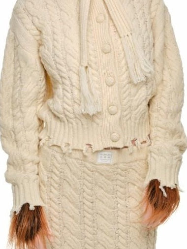 1JINN STUDIO Ripped Button Cardigan Casual Regular Fit Wool Blend Women Knit Top & Skirt Sets