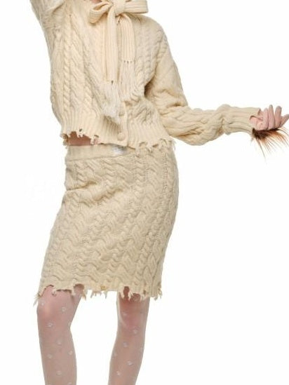 1JINN STUDIO Ripped Button Cardigan Casual Regular Fit Wool Blend Women Knit Top & Skirt Sets
