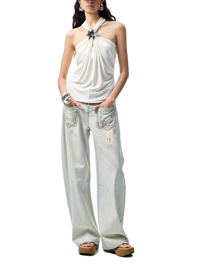 1JINN STUDIO Ruched High Stretch Slim Halter V-neck Recycled Fiber Solid Color Tank Tops