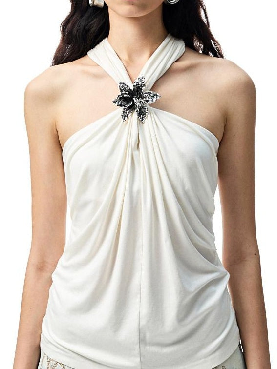 1JINN STUDIO Ruched High Stretch Slim Halter V-neck Recycled Fiber Solid Color Tank Tops
