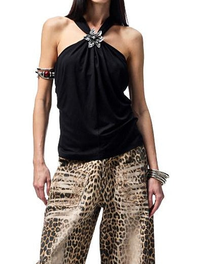 1JINN STUDIO Ruched High Stretch Slim Halter V-neck Recycled Fiber Solid Color Tank Tops
