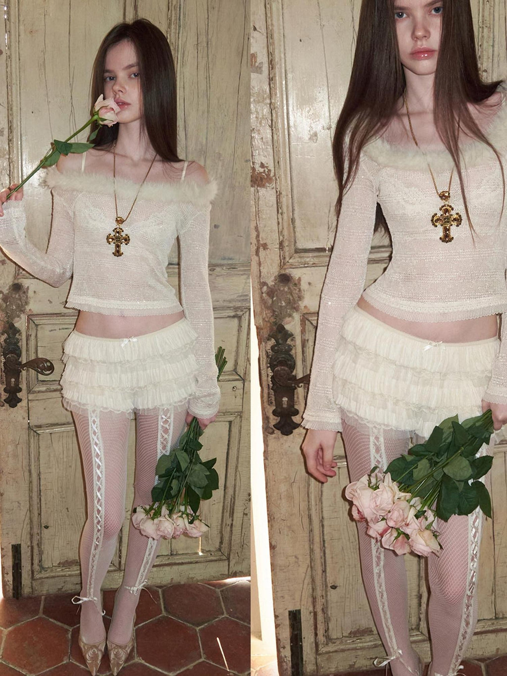 1JINN STUDIO Sequin Lace Slim Knit Long Sleeve Round Neck Women Off Shoulder Crop Tops