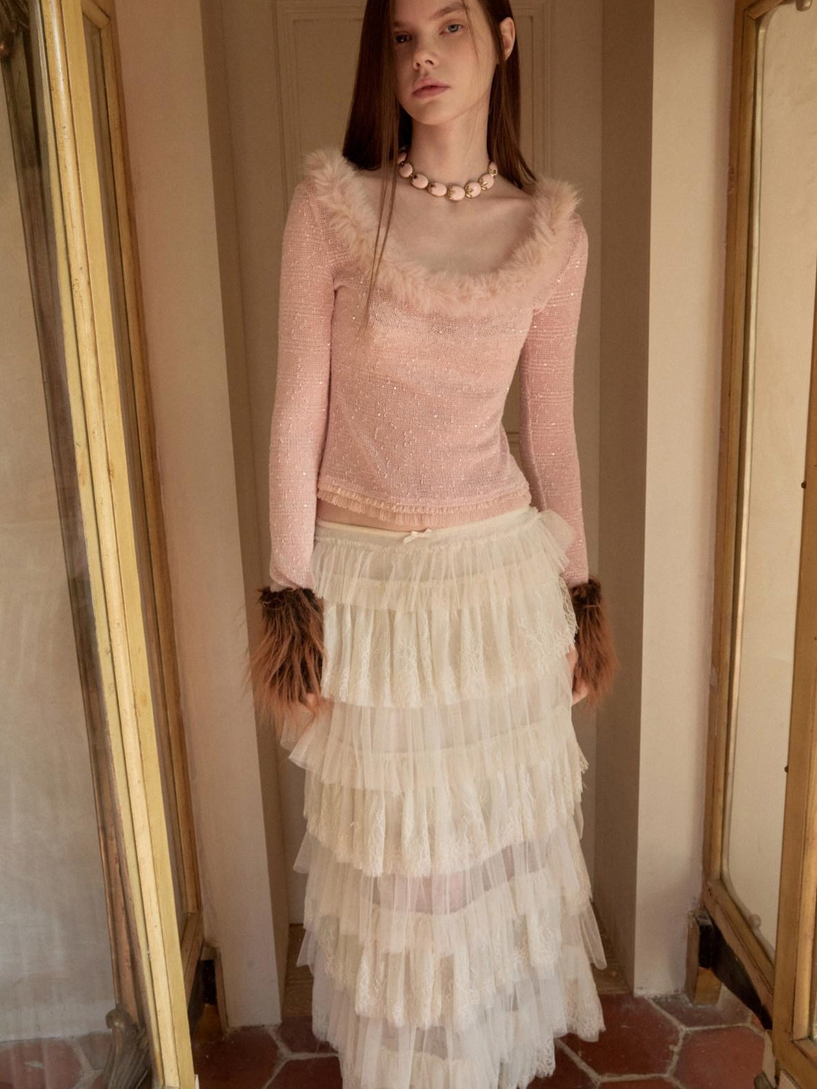 1JINN STUDIO Sequin Lace Slim Knit Long Sleeve Round Neck Women Off Shoulder Crop Tops