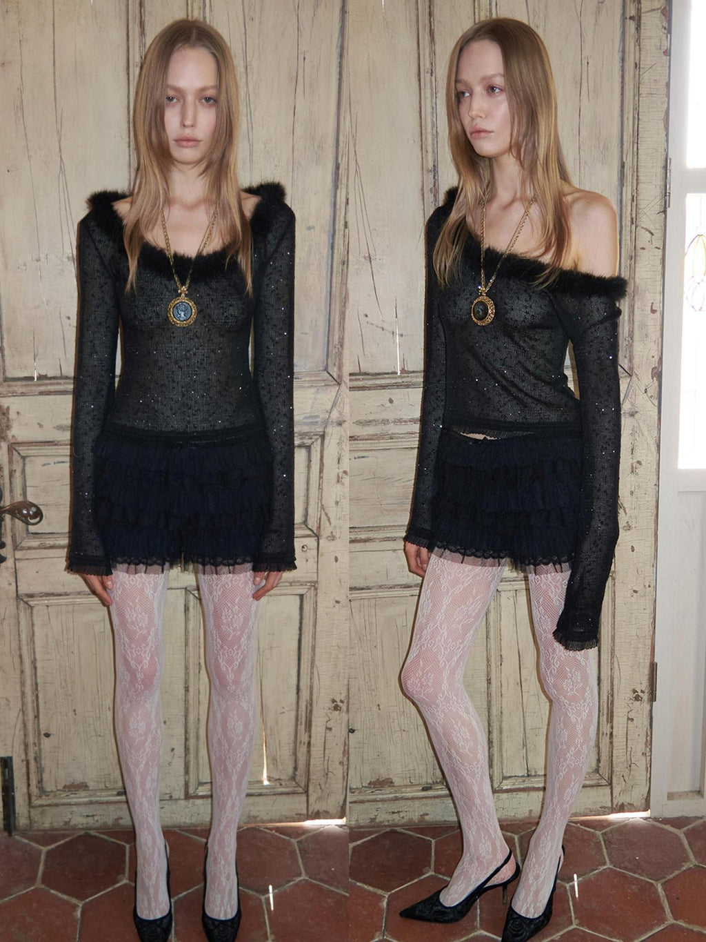 1JINN STUDIO Sequin Lace Slim Knit Long Sleeve Round Neck Women Off Shoulder Crop Tops