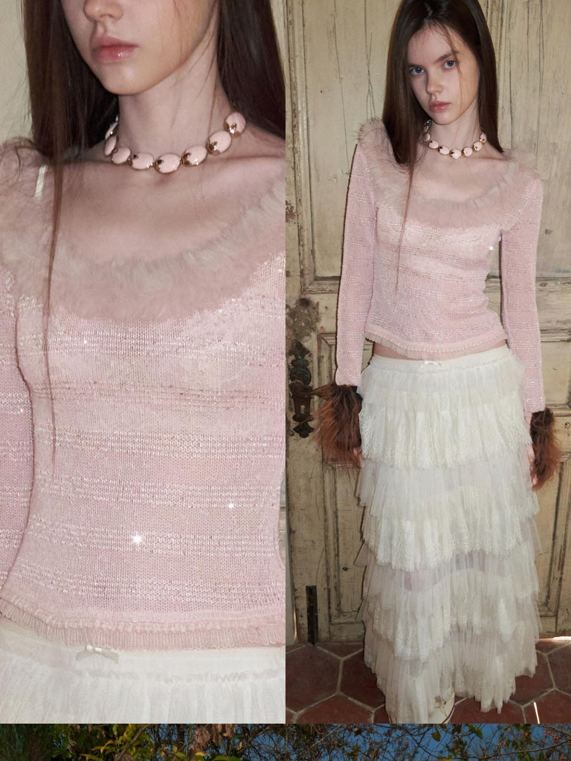 1JINN STUDIO Sequin Lace Slim Knit Long Sleeve Round Neck Women Off Shoulder Crop Tops
