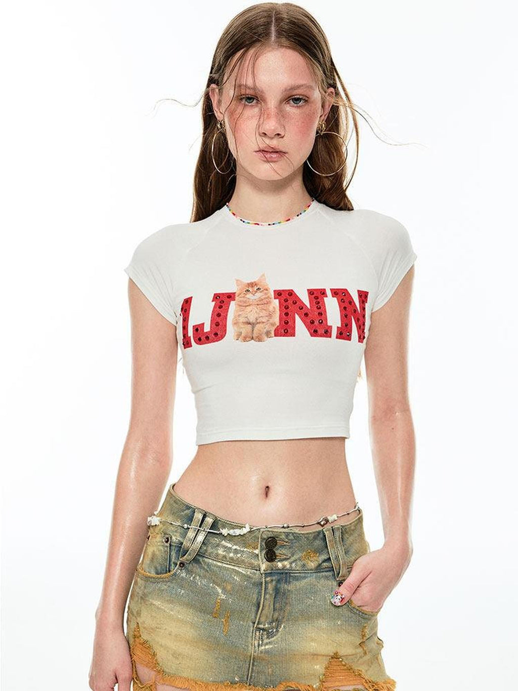 1JINN STUDIO Sexy Floral Print Slim Fit Short Sleeve Round Neck Women Basic Crop Tops