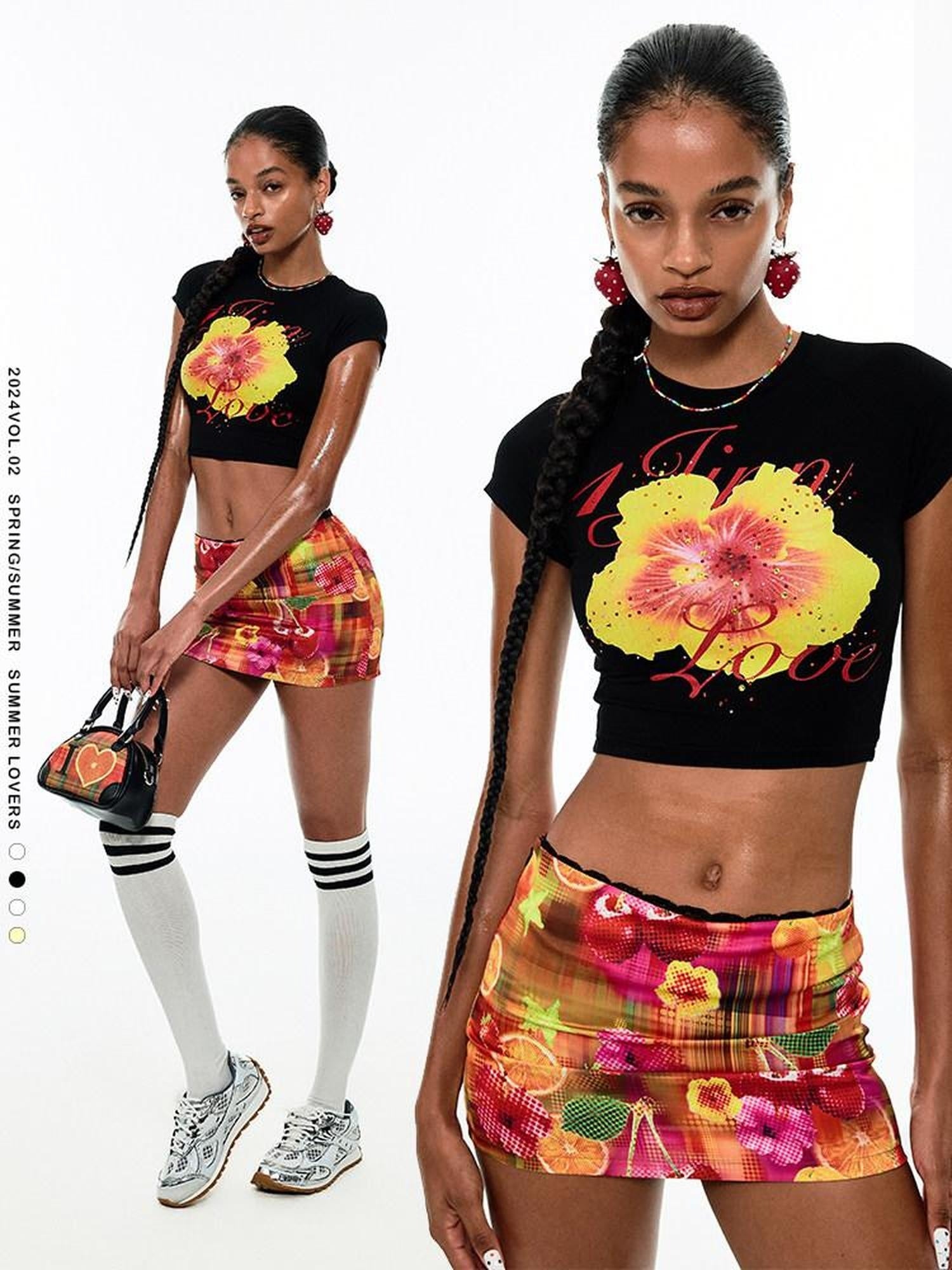 1JINN STUDIO Sexy Floral Print Slim Fit Short Sleeve Round Neck Women Basic Crop Tops