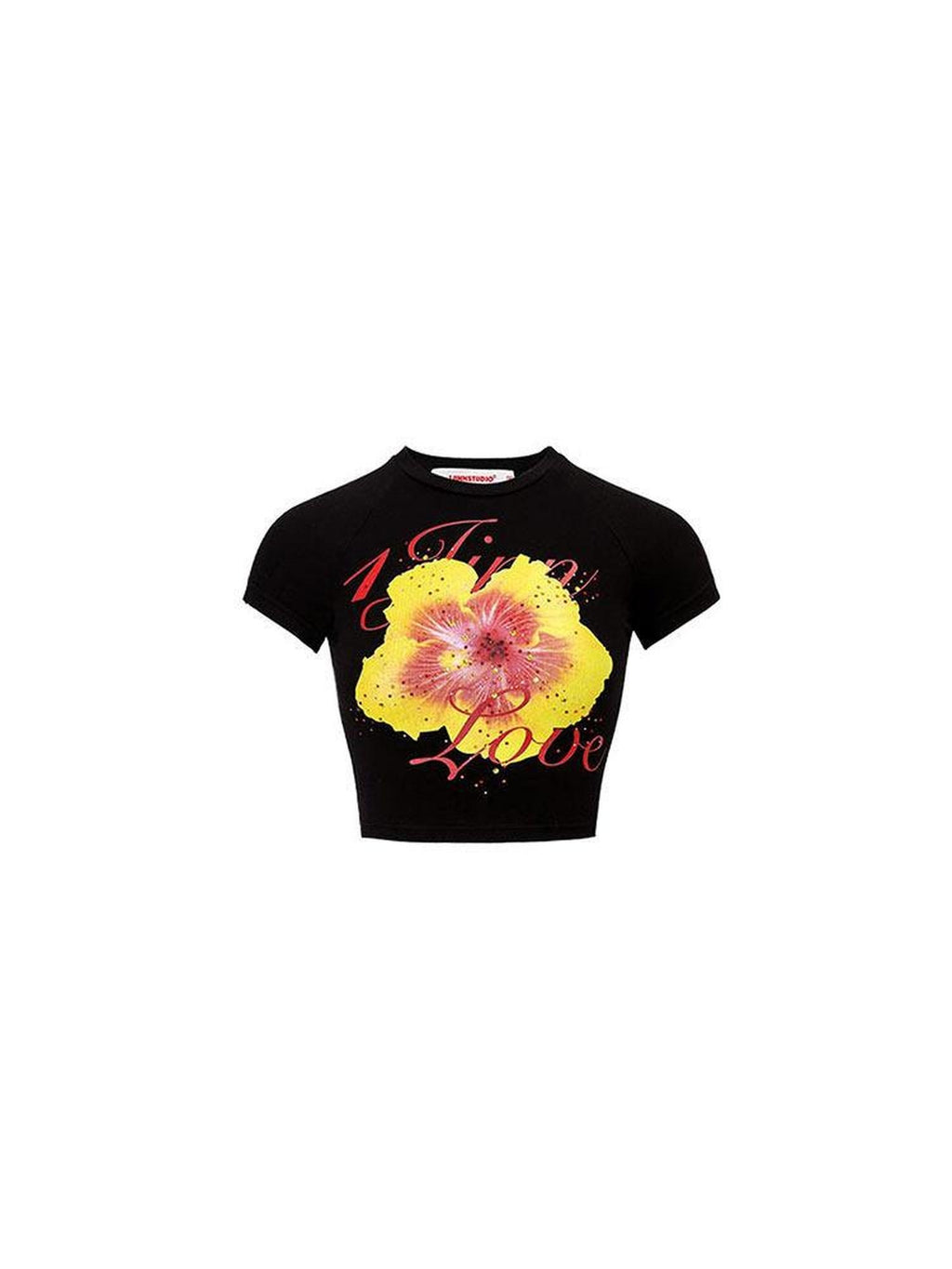 1JINN STUDIO Sexy Floral Print Slim Fit Short Sleeve Round Neck Women Basic Crop Tops