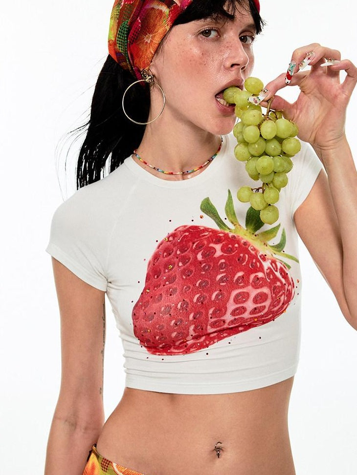 1JINN STUDIO Sexy Floral Print Slim Fit Short Sleeve Round Neck Women Basic Crop Tops