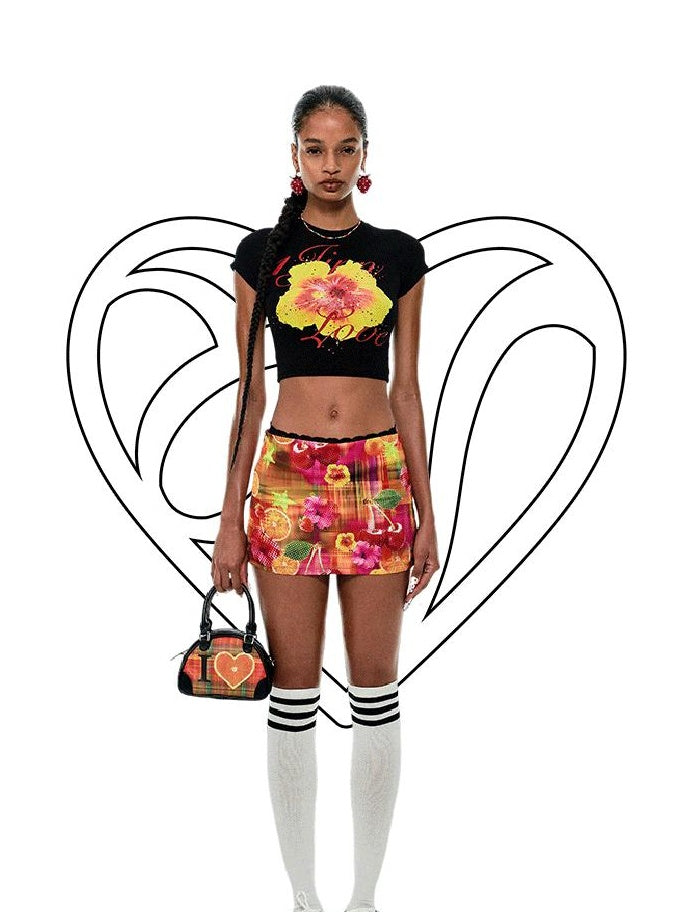 1JINN STUDIO Sexy Floral Print Slim Fit Short Sleeve Round Neck Women Basic Crop Tops