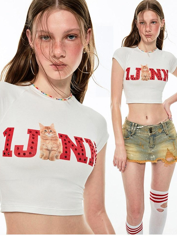 1JINN STUDIO Sexy Floral Print Slim Fit Short Sleeve Round Neck Women Basic Crop Tops