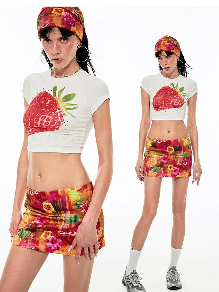 1JINN STUDIO Sexy Low Waist Fruit Print Straight H Line Youth Printed Mini Skirts