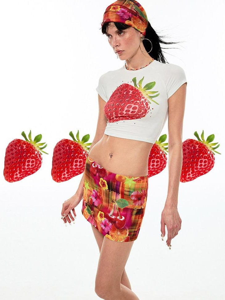 1JINN STUDIO Sexy Low Waist Fruit Print Straight H Line Youth Printed Mini Skirts