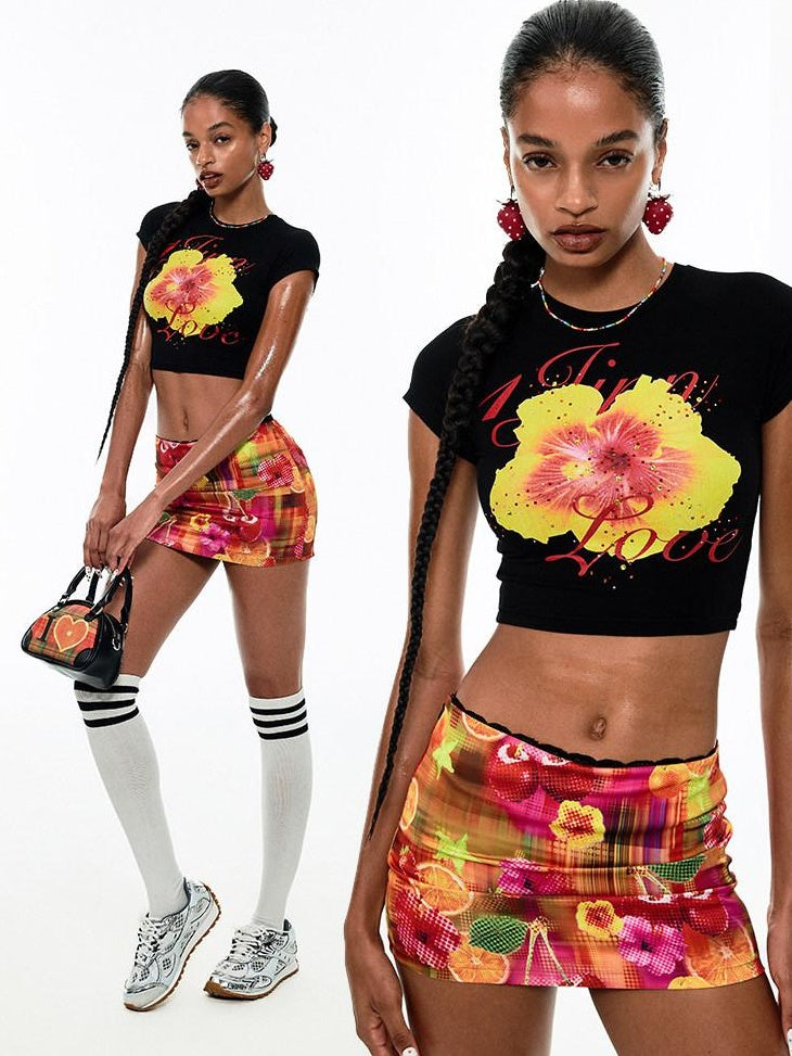 1JINN STUDIO Sexy Low Waist Fruit Print Straight H Line Youth Printed Mini Skirts
