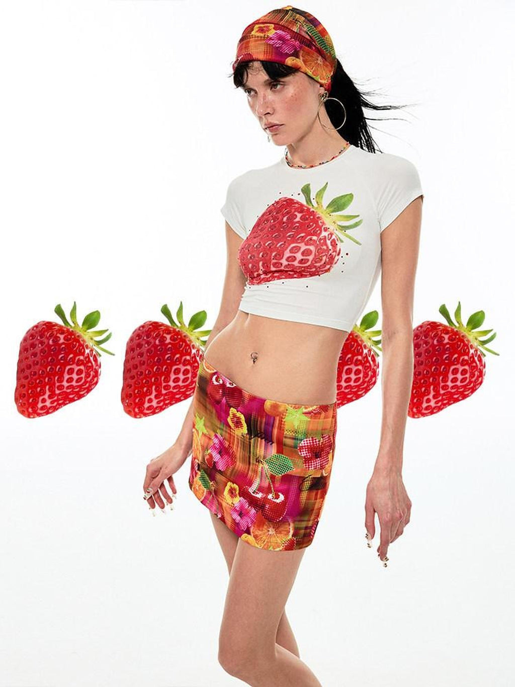 1JINN STUDIO Sexy Low Waist Fruit Print Straight H Line Youth Printed Mini Skirts