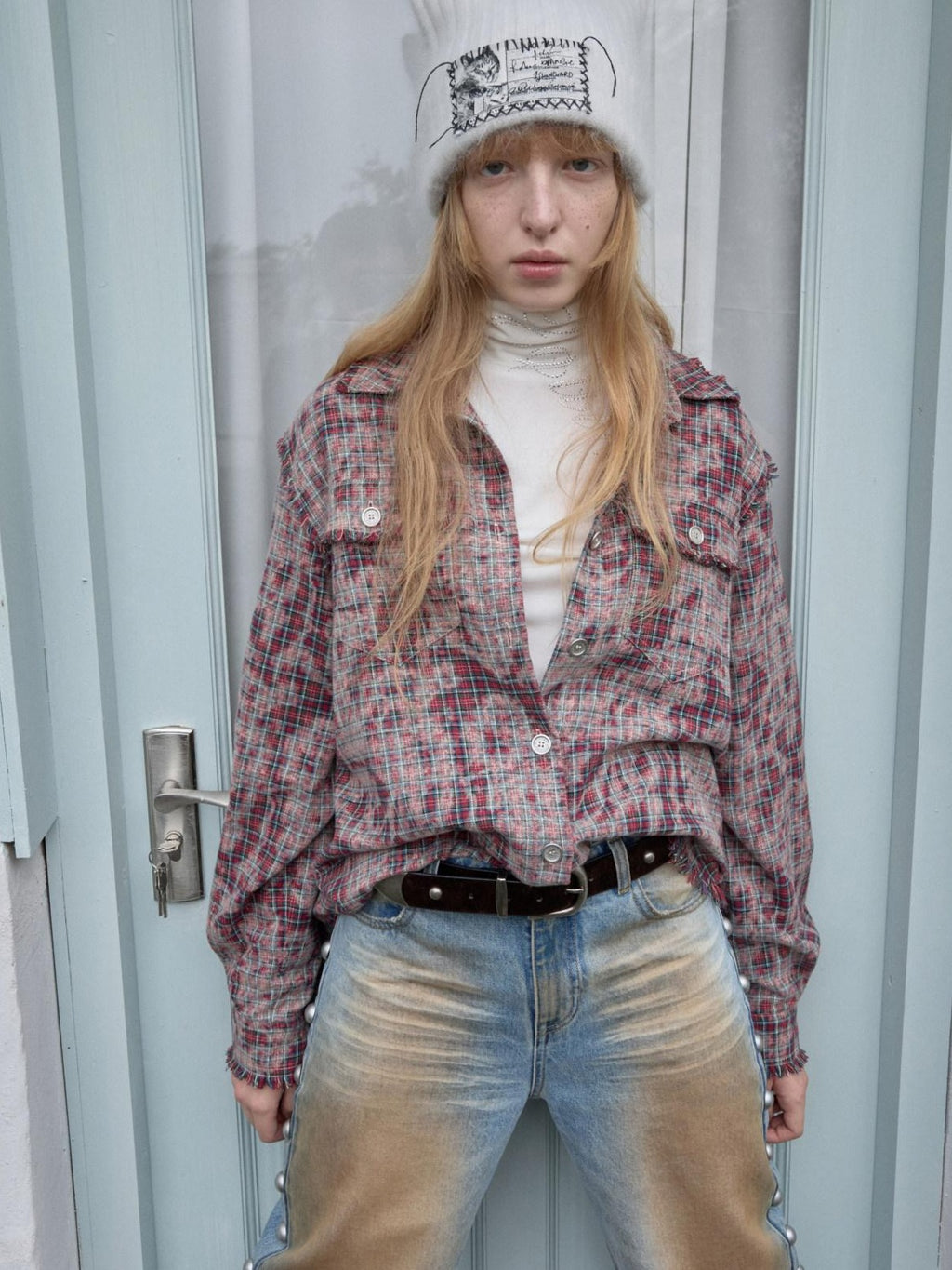 1JINN STUDIO Shape Retaining Vintage Slim Fit Frayed Hem Women Distressed Plaid Shackets