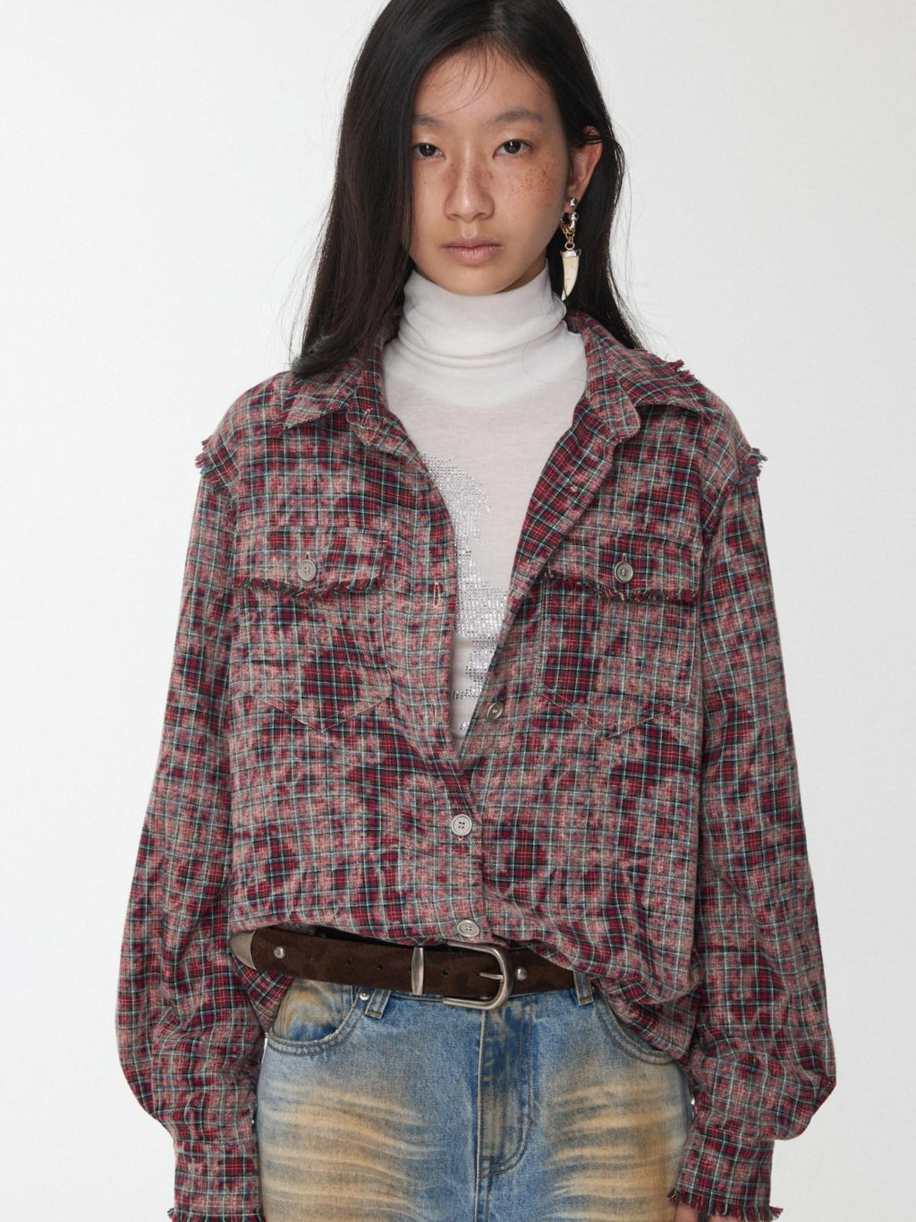 1JINN STUDIO Shape Retaining Vintage Slim Fit Frayed Hem Women Distressed Plaid Shackets