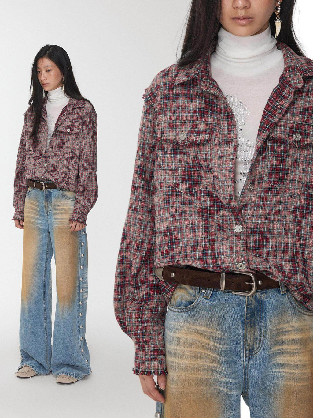 1JINN STUDIO Shape Retaining Vintage Slim Fit Frayed Hem Women Distressed Plaid Shackets