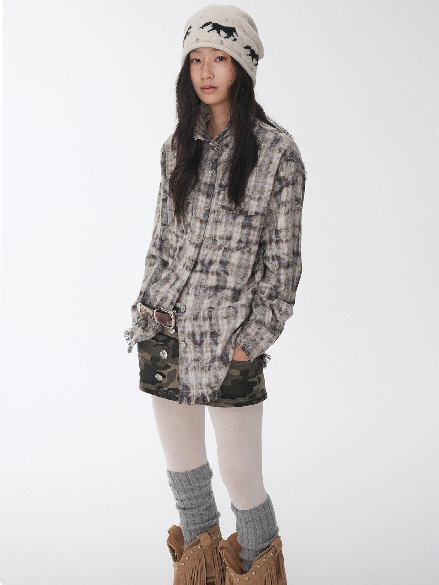 1JINN STUDIO Shape Retaining Vintage Slim Fit Frayed Hem Women Distressed Plaid Shackets