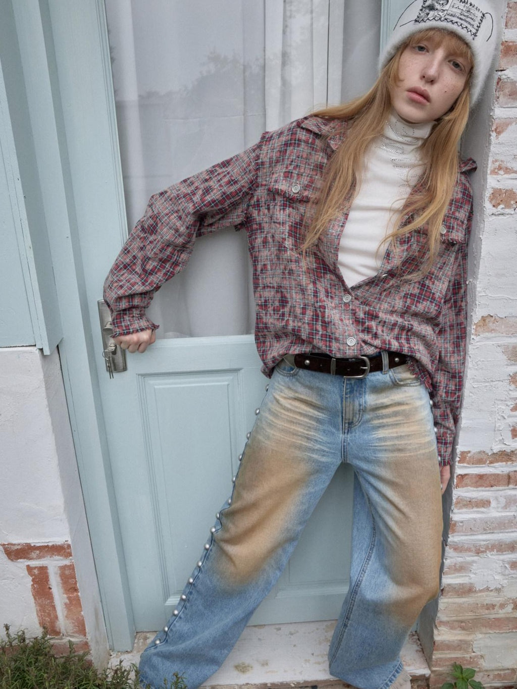 1JINN STUDIO Shape Retaining Vintage Slim Fit Frayed Hem Women Distressed Plaid Shackets