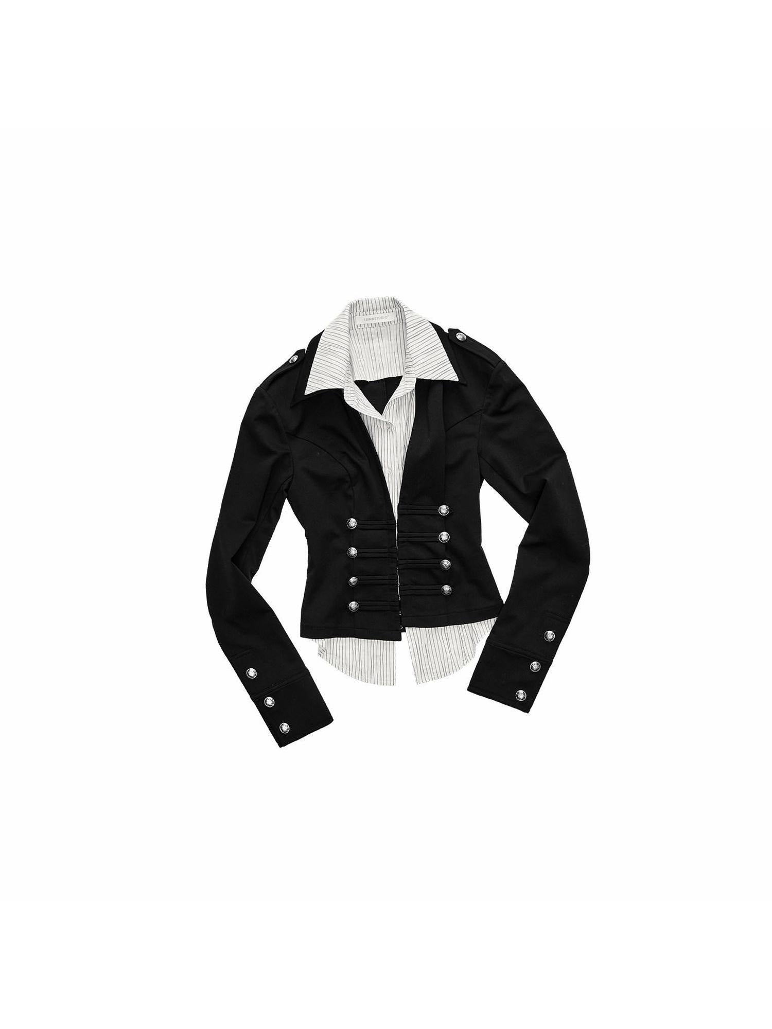 1JINN STUDIO Shape Retention Regal Faux Two Piece Turn Down Collar Women Black Shirts