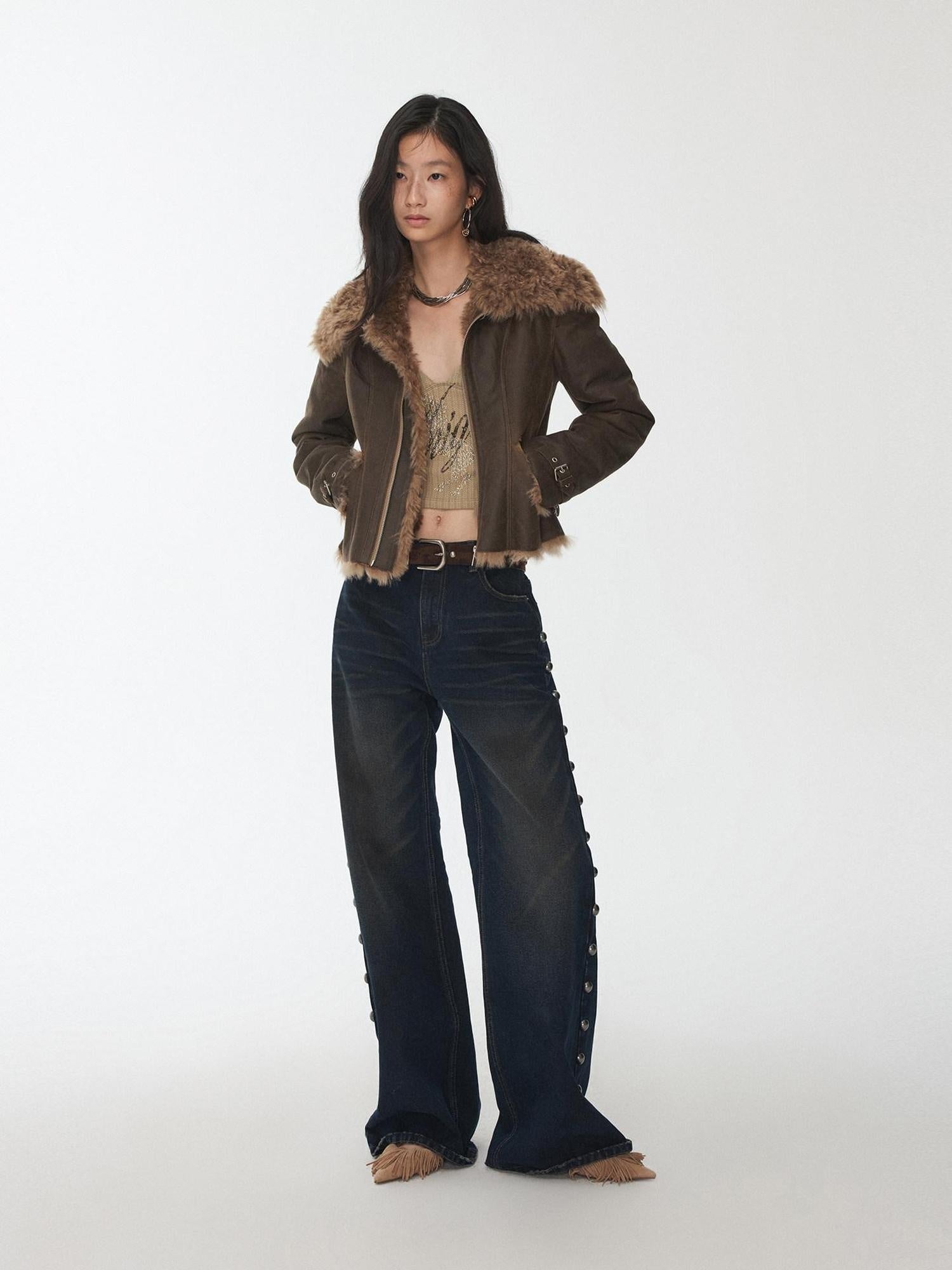 1JINN STUDIO Shearling Lined Casual Cropped Button Women Vintage Brown Leather Jackets