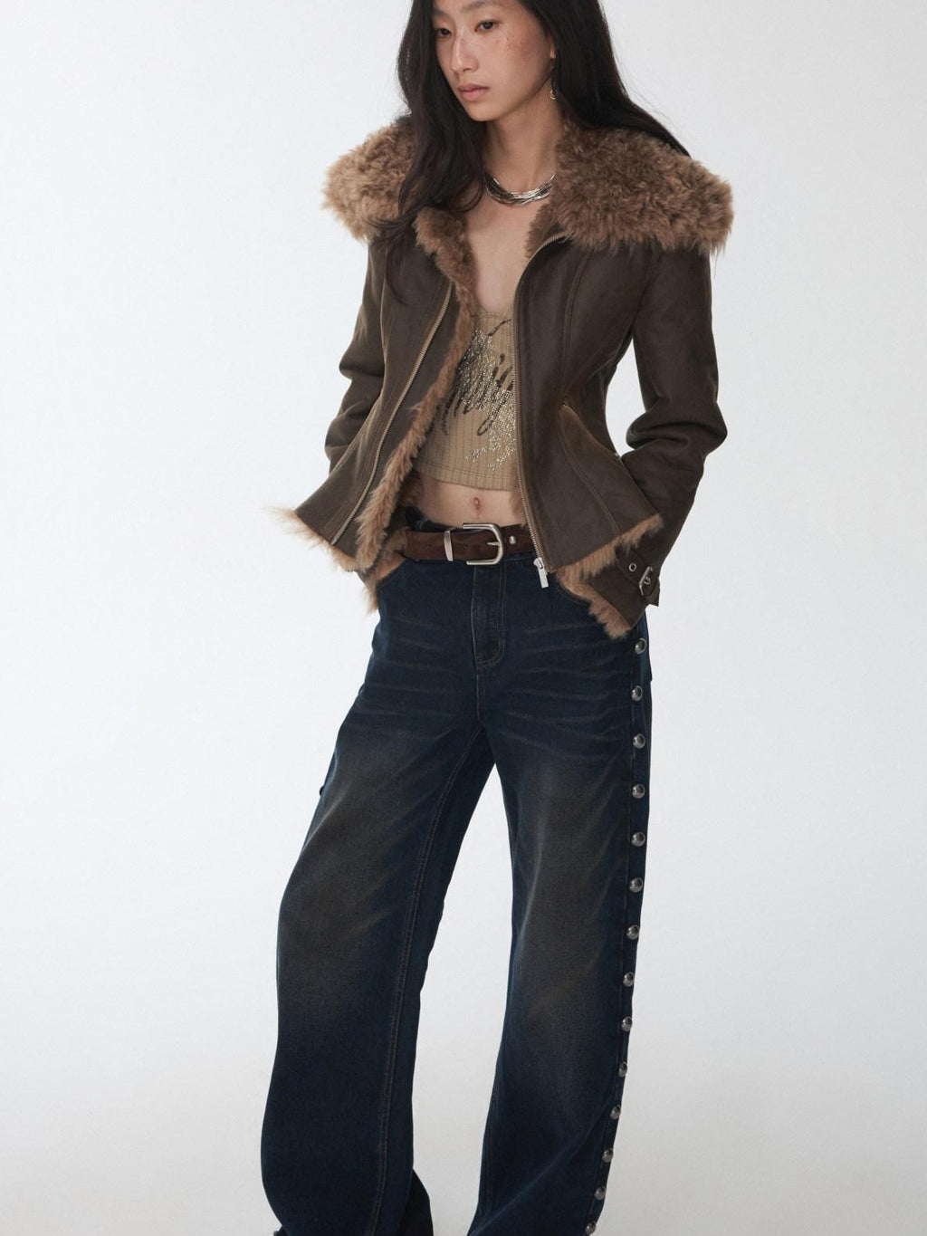 1JINN STUDIO Shearling Lined Casual Cropped Button Women Vintage Brown Leather Jackets