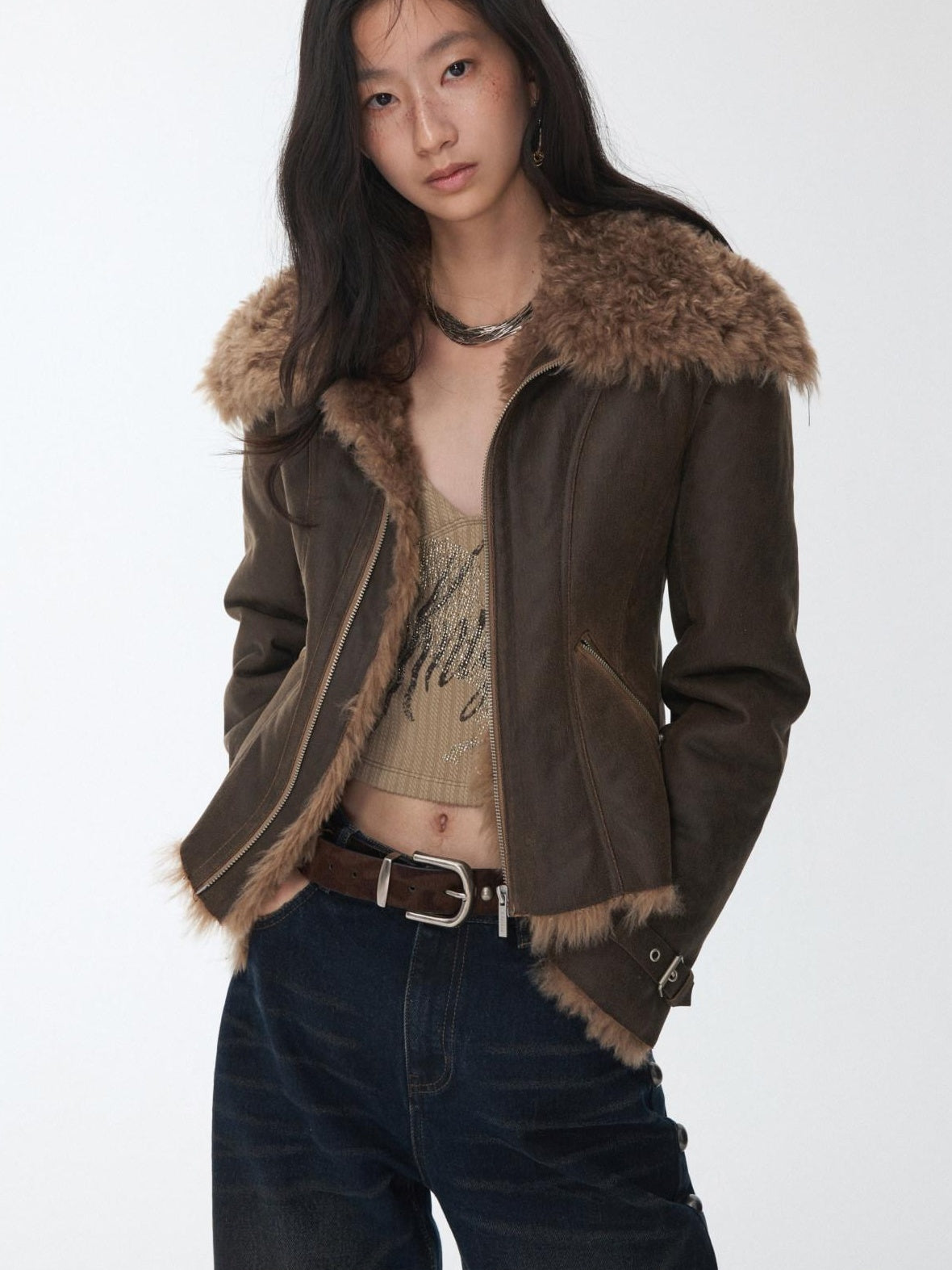 1JINN STUDIO Shearling Lined Casual Cropped Button Women Vintage Brown Leather Jackets