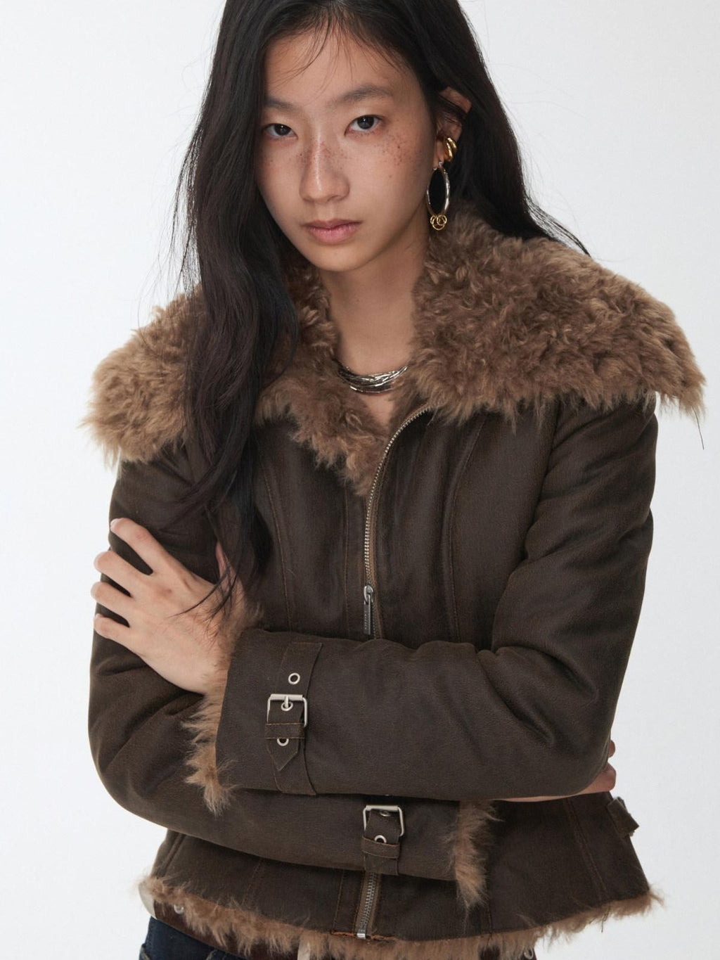 1JINN STUDIO Shearling Lined Casual Cropped Button Women Vintage Brown Leather Jackets