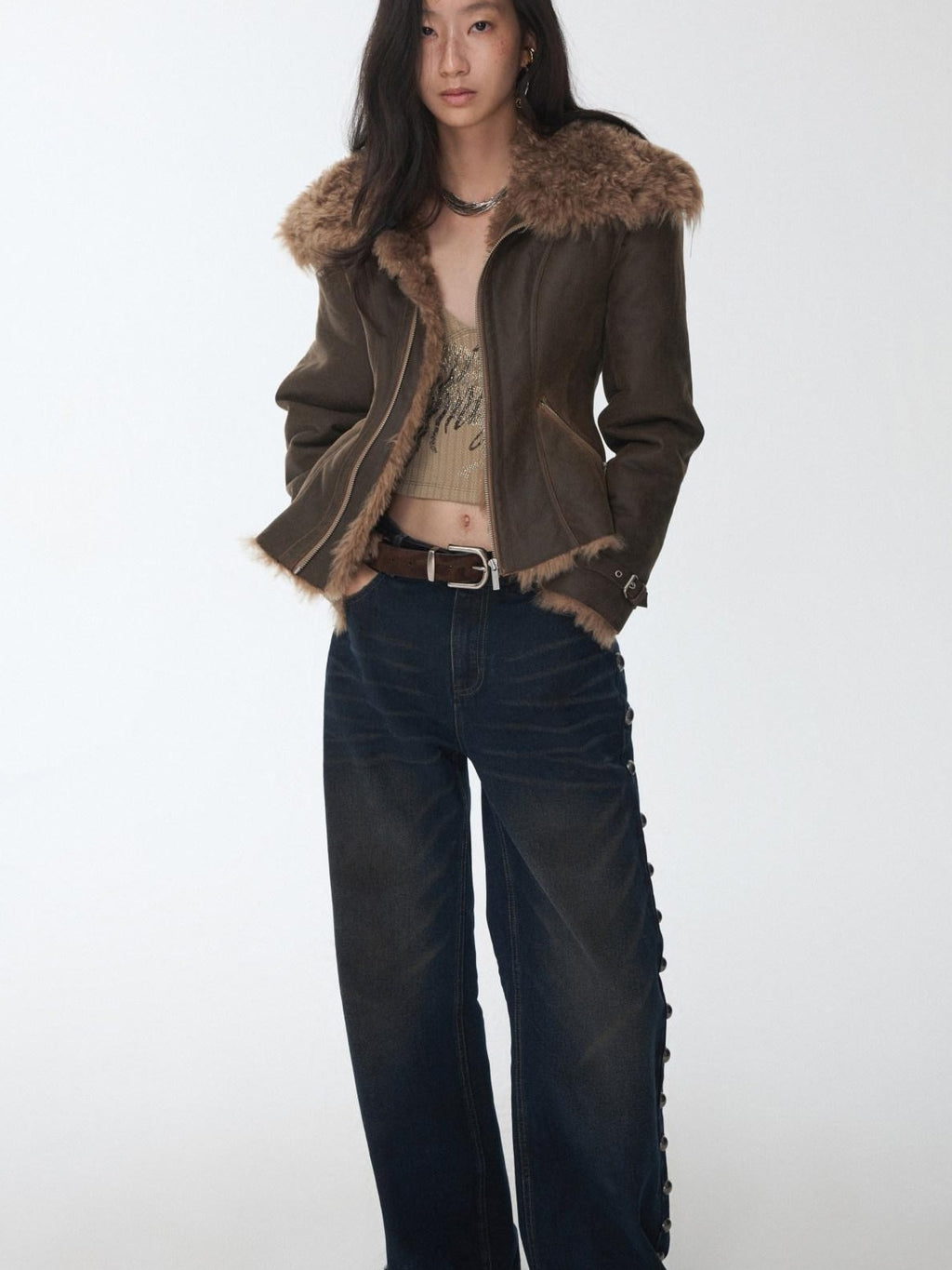 1JINN STUDIO Shearling Lined Casual Cropped Button Women Vintage Brown Leather Jackets