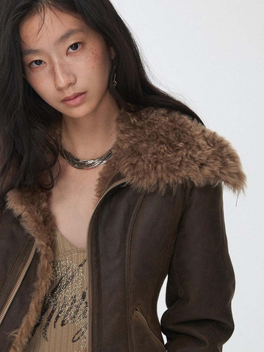 1JINN STUDIO Shearling Lined Casual Cropped Button Women Vintage Brown Leather Jackets