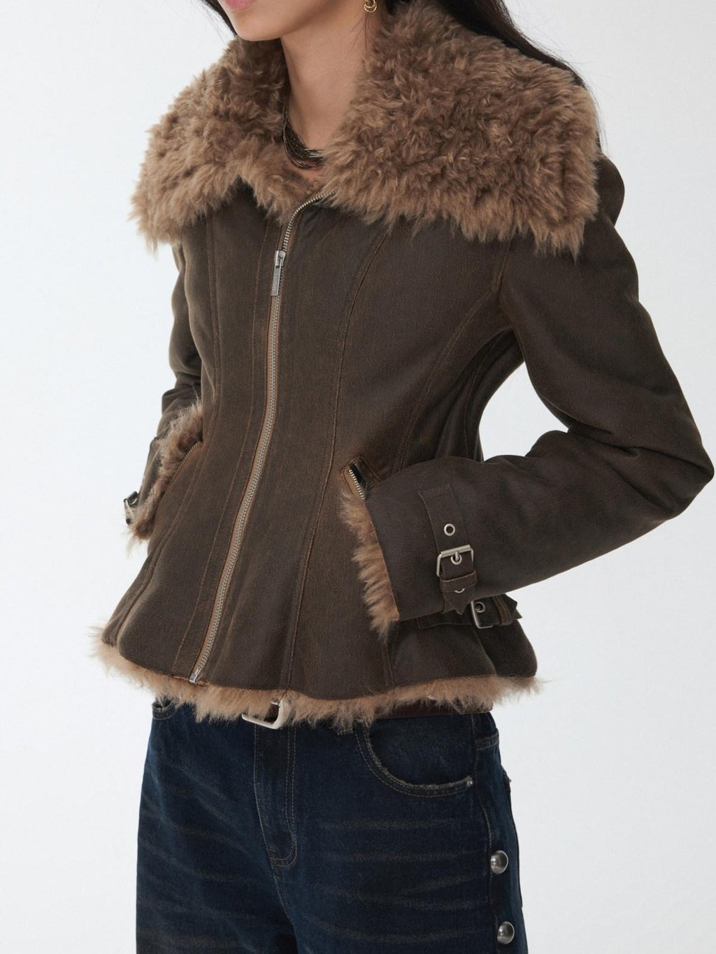 1JINN STUDIO Shearling Lined Casual Cropped Button Women Vintage Brown Leather Jackets