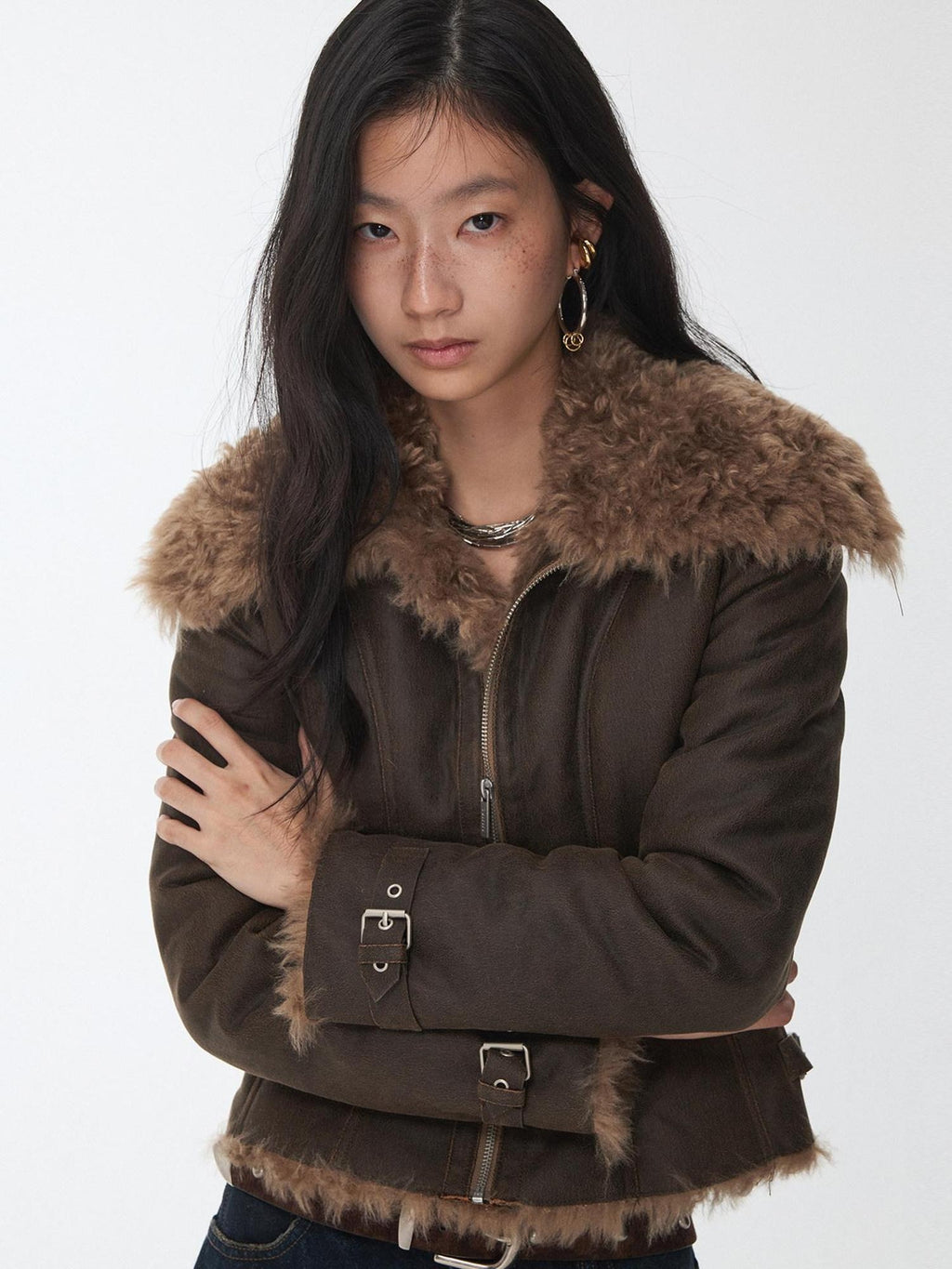 1JINN STUDIO Shearling Lined Casual Cropped Button Women Vintage Brown Leather Jackets