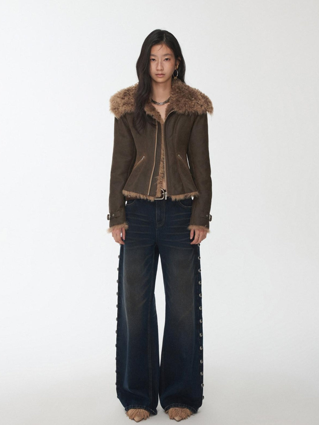 1JINN STUDIO Shearling Lined Casual Cropped Button Women Vintage Brown Leather Jackets