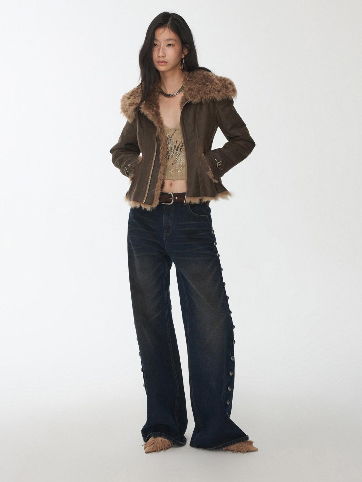 1JINN STUDIO Shearling Lined Casual Cropped Button Women Vintage Brown Leather Jackets