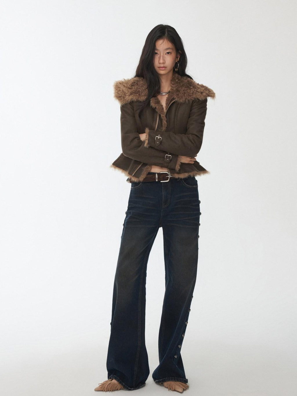 1JINN STUDIO Shearling Lined Casual Cropped Button Women Vintage Brown Leather Jackets