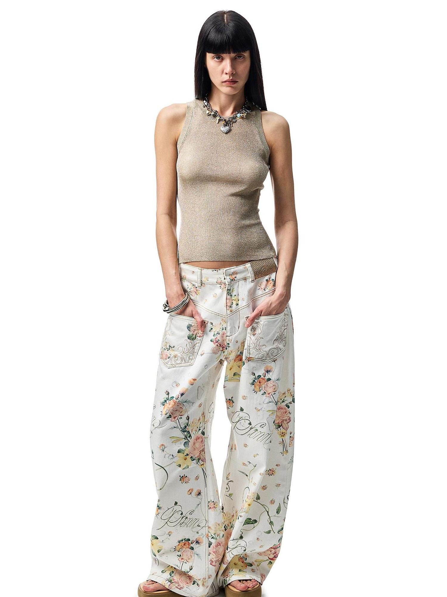 1JINN STUDIO Shimmering Metallic Cutout Slim Fit Racerback Viscose Blend Women Tank Tops
