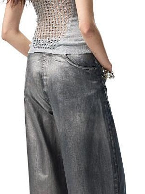 1JINN STUDIO Shimmering Metallic Cutout Slim Fit Racerback Viscose Blend Women Tank Tops