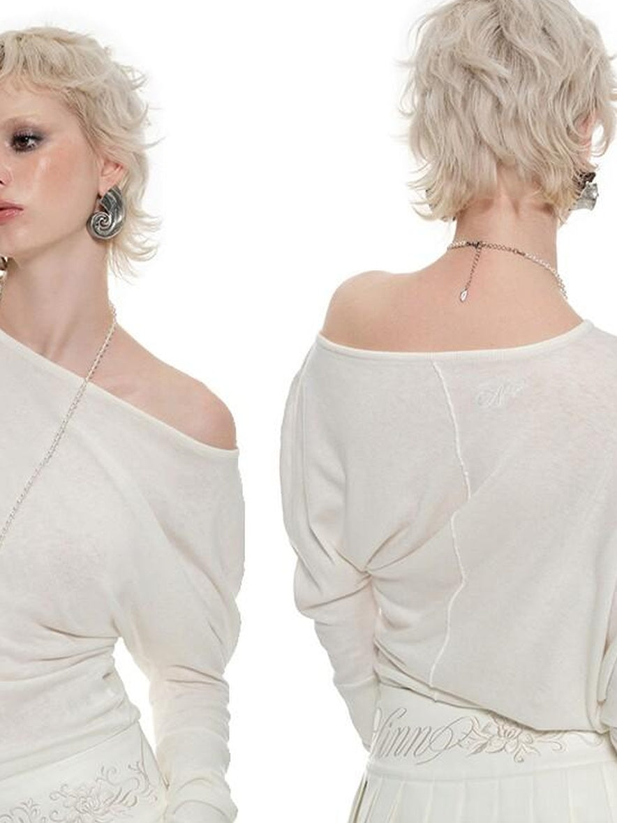 1JINN STUDIO Silk Blend Cotton Asymmetric Slant Neck Street Style Women Long Sleeve T-Shirts