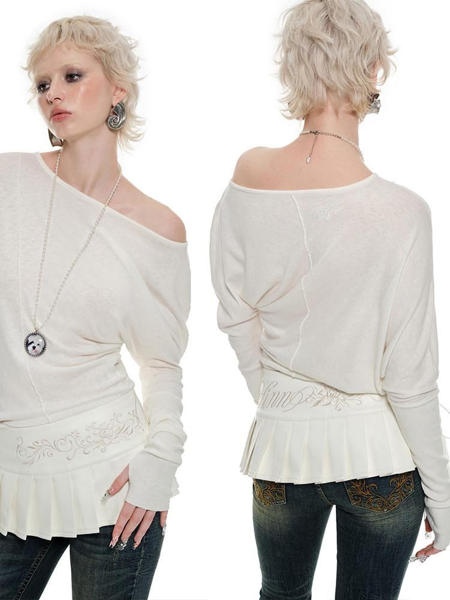 1JINN STUDIO Silk Blend Cotton Asymmetric Slant Neck Street Style Women Long Sleeve T-Shirts