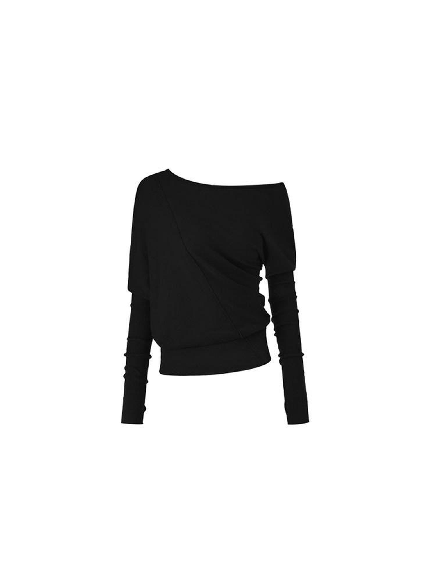 1JINN STUDIO Silk Blend Cotton Asymmetric Slant Neck Street Style Women Long Sleeve T-Shirts