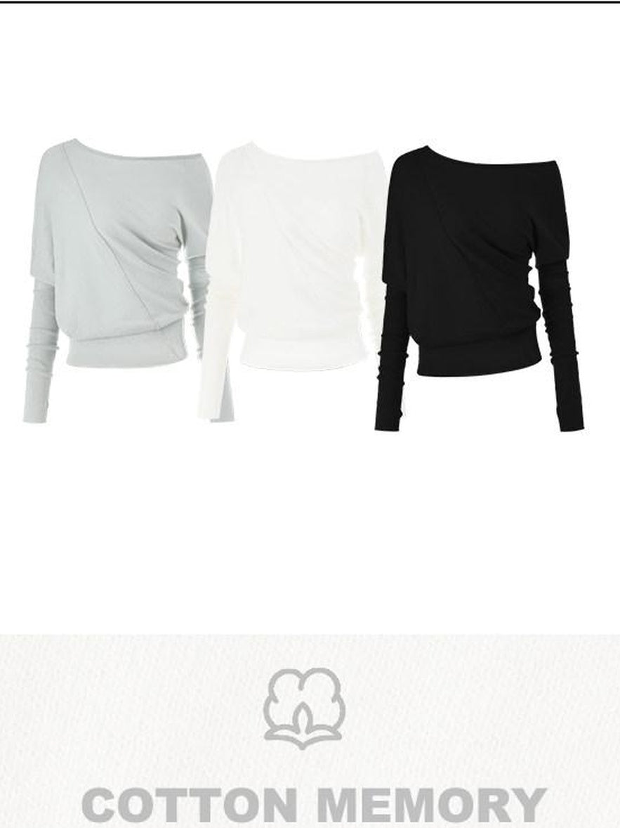 1JINN STUDIO Silk Blend Cotton Asymmetric Slant Neck Street Style Women Long Sleeve T-Shirts