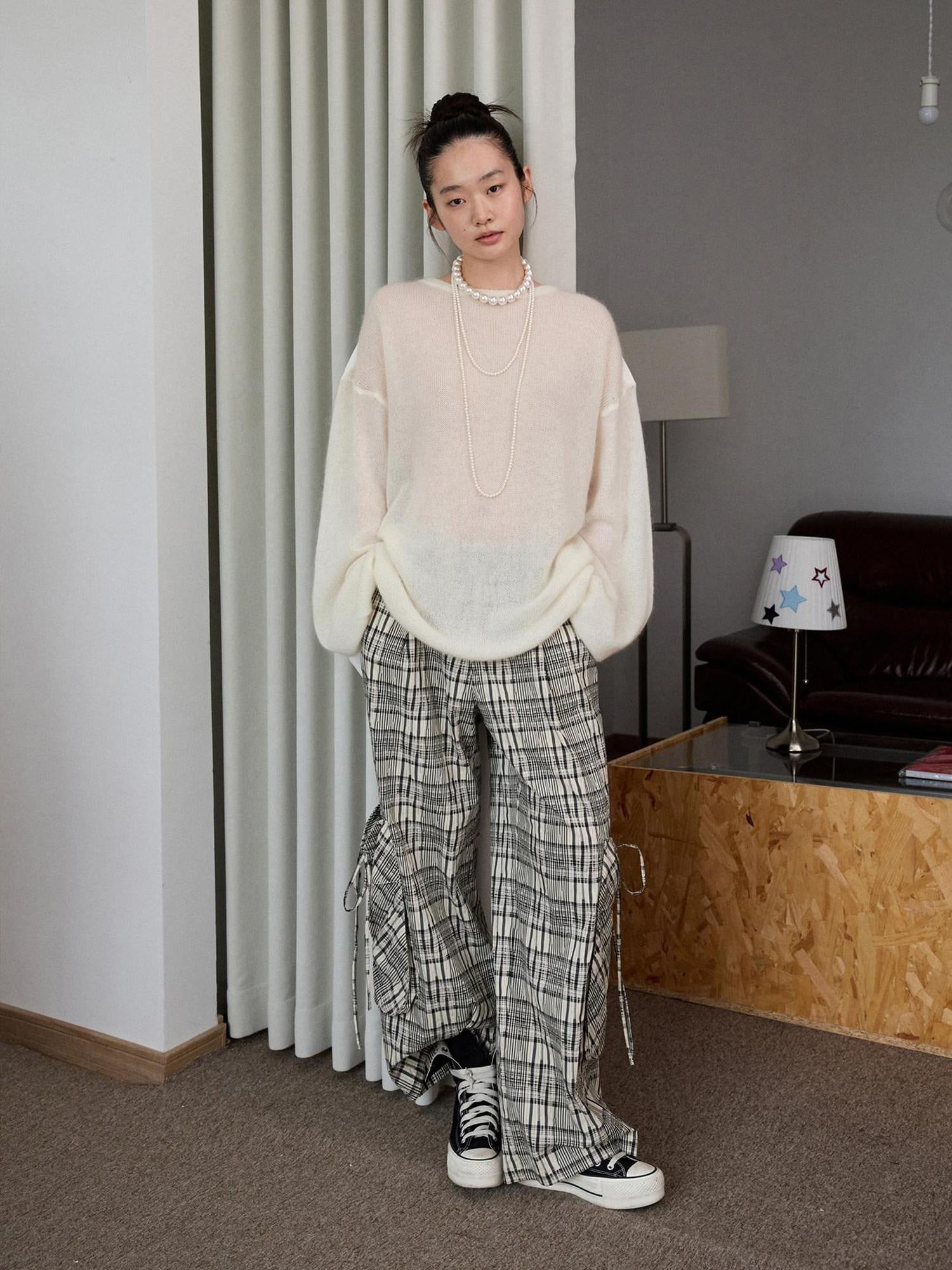 1JINN STUDIO Skin Friendly Thin Crewneck Loose Commuter Women Wool Mohair Blend Sweaters