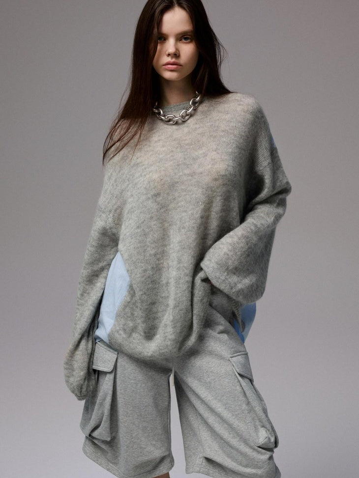 1JINN STUDIO Skin Friendly Thin Crewneck Loose Commuter Women Wool Mohair Blend Sweaters