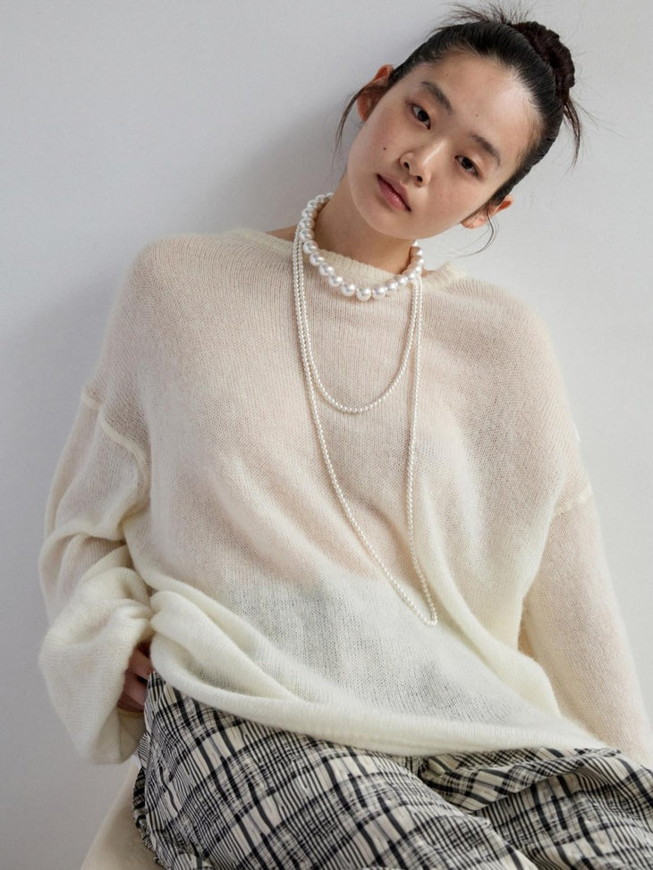 1JINN STUDIO Skin Friendly Thin Crewneck Loose Commuter Women Wool Mohair Blend Sweaters