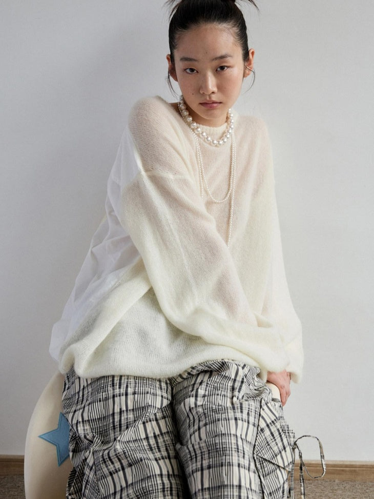 1JINN STUDIO Skin Friendly Thin Crewneck Loose Commuter Women Wool Mohair Blend Sweaters