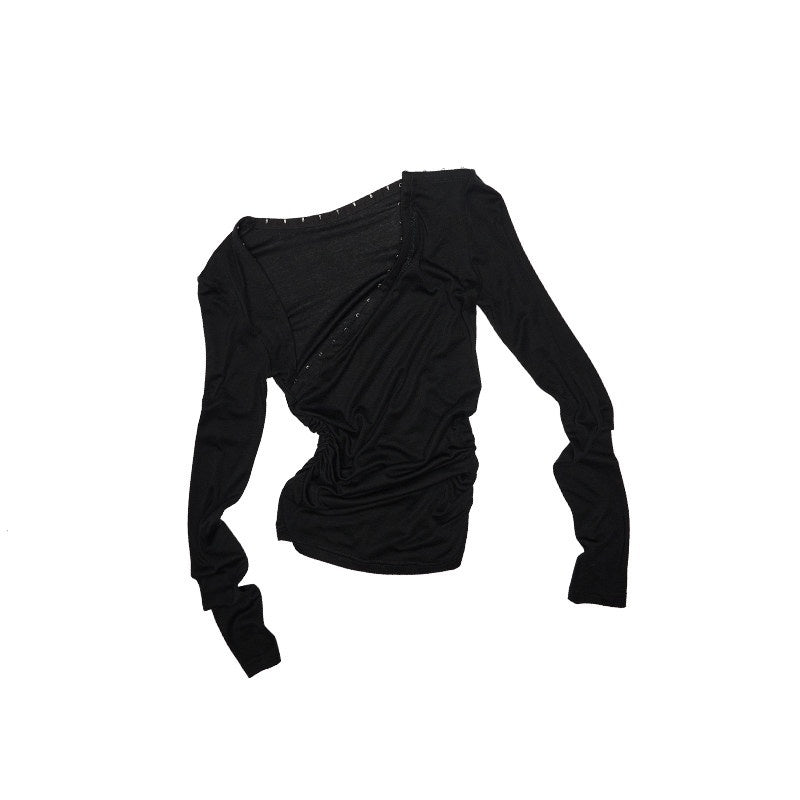 1JINN_STUDIO_Slim_Commuter_Asymmetric_Neck_Pullover_For_Women_Solid_Basic_Long_Sleeve_T-Shirts_MISSTT