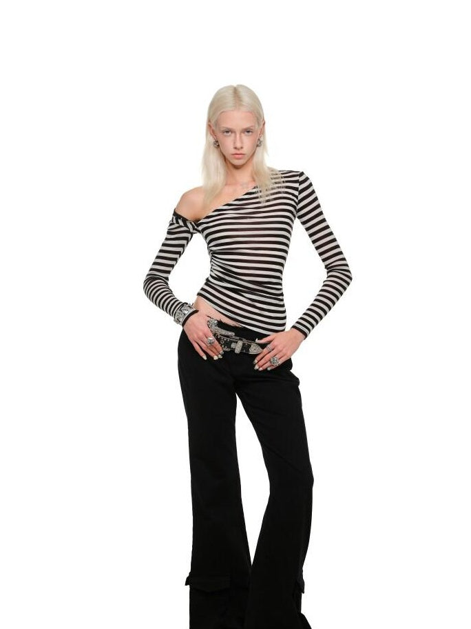 1JINN STUDIO Slim Commuter Asymmetric Neck Pullover For Women Solid Basic Long Sleeve T-Shirts