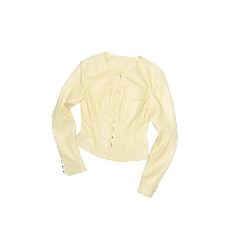 1JINN_STUDIO_Slim_Fit_Commuter_Round_Neck_Button_Front_Women_Silver_Yellow_Leather_Jackets_MISSTT